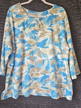 Boca Bay Women's Plus Tunic Top 3/4 Sleeve Tropical Palm Print Beaded Sz 3X